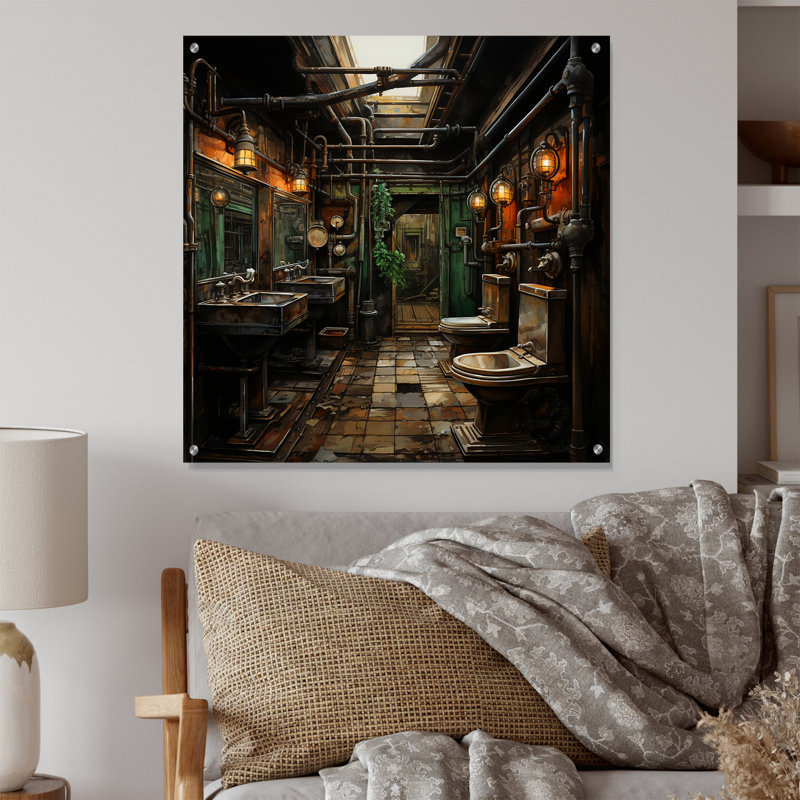 Toilette Industrial Elegance Mixed I - Art mural en acrylique pour le salon, H 16 po x l 16 po