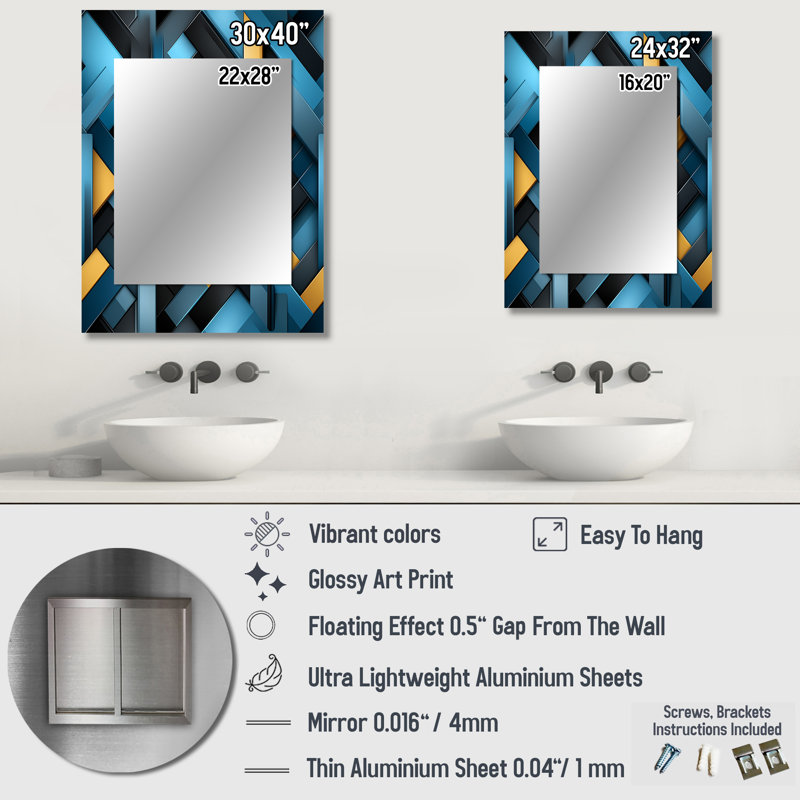 Black And Blue Blockchain Blocks - Geometric  Decorative Mirror, Modern Large Wall Mirror, Printed Metal Art, 32" x 24"