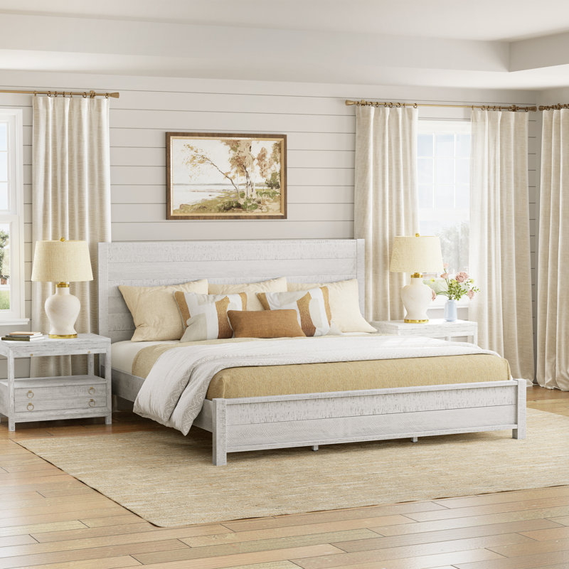 Echo Farmhouse Solid Wood Platform Bed, Distressed Panel Bed Frame, Rustic Country Cottage Style, Rustic White, King