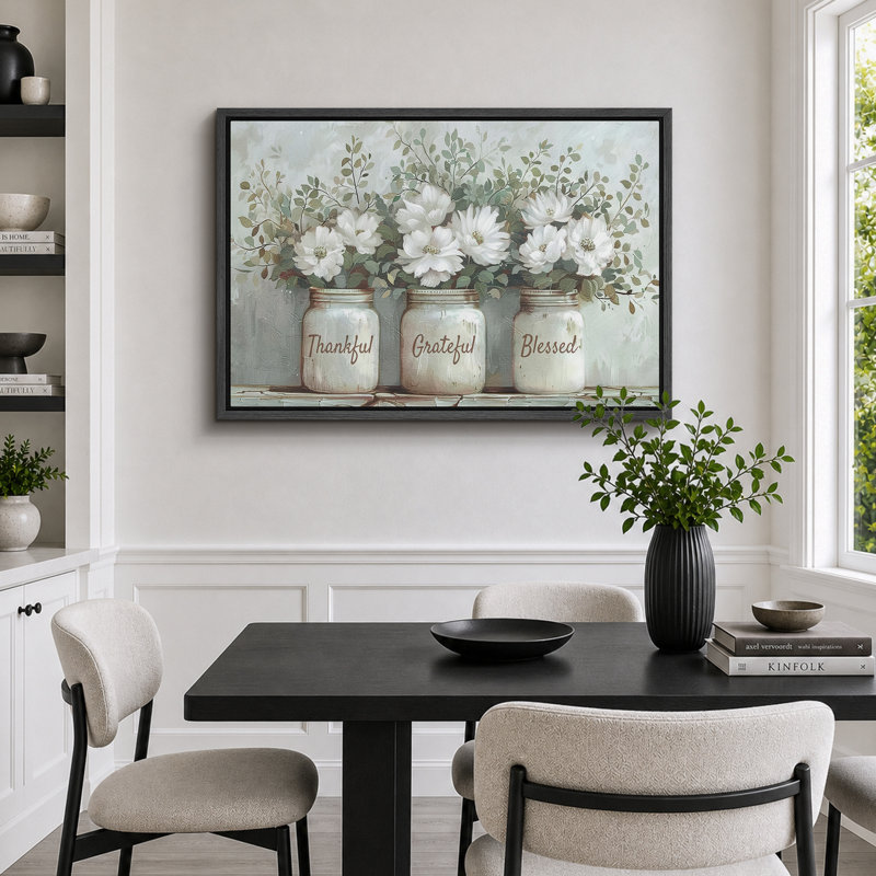 «Thankful Grateful Blessed Inspirational Green Floral Rustic Mason Jar», grande impression sur toile, H 16 po x l 24 po
