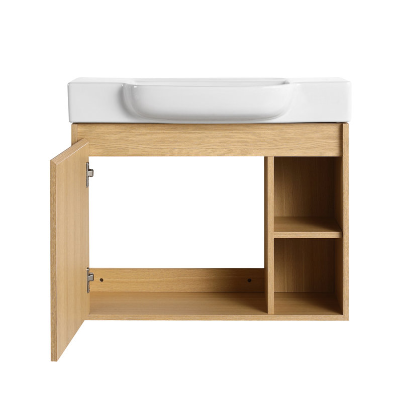 Meuble-lavabo mural 28 po avec lavabo en céramique blanche et porte à fermeture en douceur, Chêne clair
