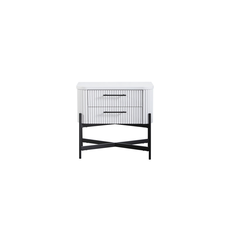 2 tables de chevet blanches de type C, bois massif +, base décorative en métal, tiroir supérieur et inférieur en feutre