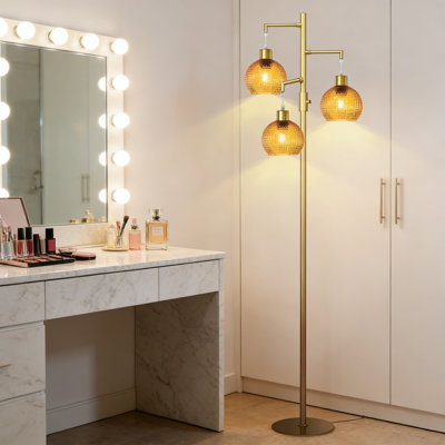 Lampe sur pied moderne moderne avec lumières à DEL à intensité variable et abat-jour en verre orange, grande lampe sur pied pour le salon, la chambre à coucher et la salle à manger