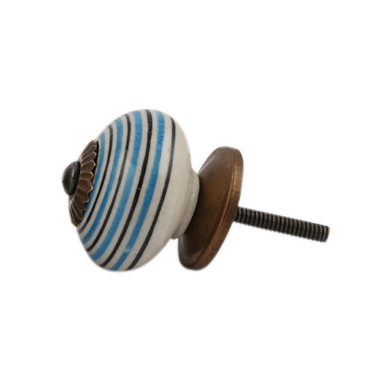 Set of 6 Striped Ceramic Knobs, Turquoise/White/Black