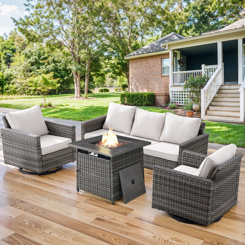 Hansencamp 5 - Person Outdoor Seating Group With Fire Pit With Swivel Glide Chair And Cushions, Beige