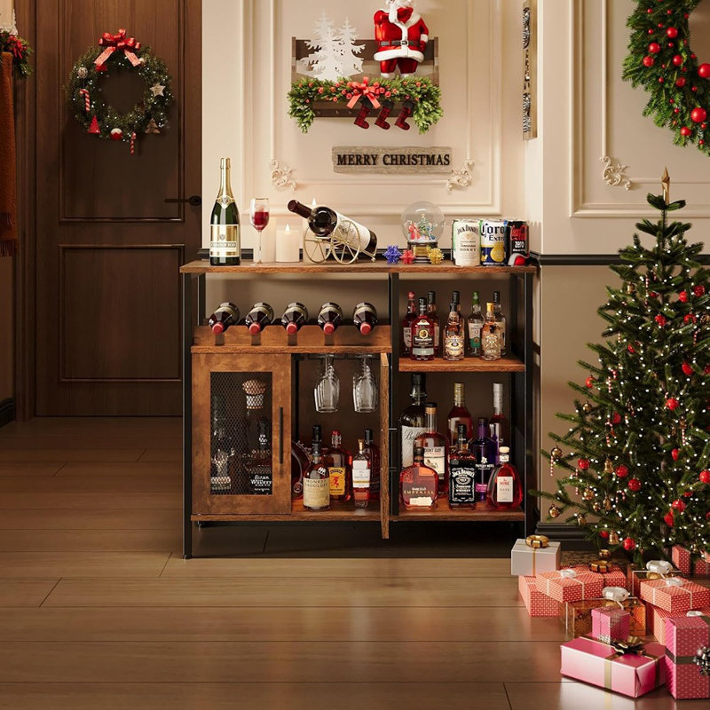 Armoire à vin avec porte-bouteilles détachable et porte-verres, brun rustique
