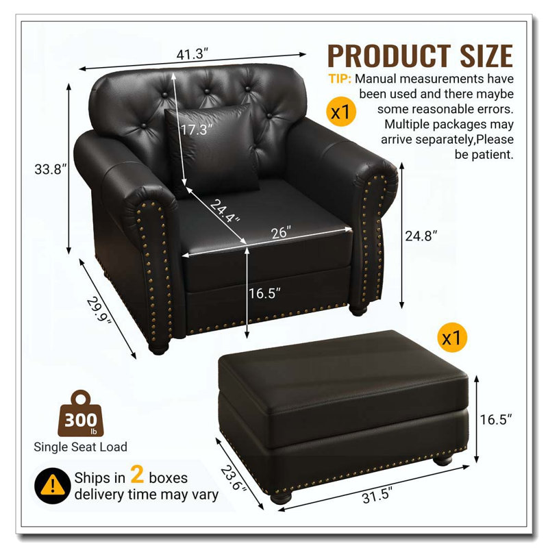 Chaise rembourrée 41,3 po, Noir avec repose-pieds, 1