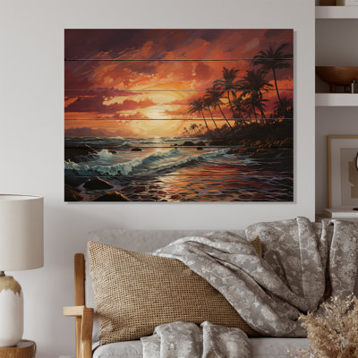 Palmiers sur un coucher de soleil coloré III sur bois