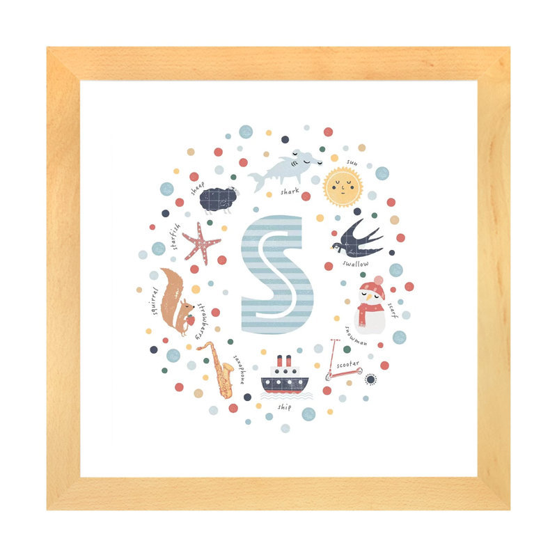 Lettre illustrée bleue - reproduction, H 24 po x l 24 po x p 1 po, Papier avec cadre beige, Blanc