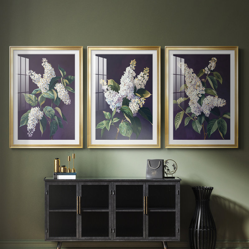FLORAL Series CCXLIV - Impression encadrée de qualité supérieure sur mesure mat - 3 pièces, H 21 po x l 30 po, Doré