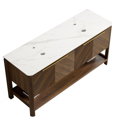 Armoire de rangement de salle de bain autoportante en noyer foncé 60 po avec plateau en pierre frittée blanche, 4 portes et tablette ouverte, imperméable, contreplaqué, panneaux de porte fabriqués en 3D, pouvant être agencé, multi