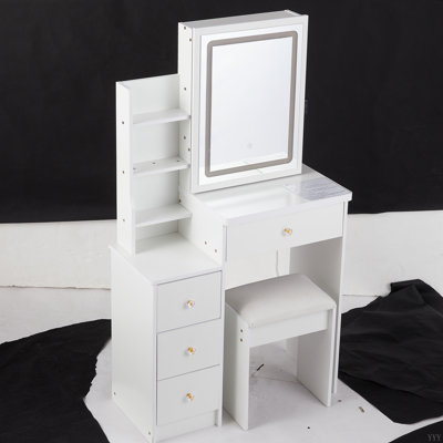 Petite coiffeuse de 29,2 po avec tabouret de chevet gauche + grand tabouret rembourré, commande tactile, interrupteur tricolore, miroir à luminosité réglable, rangement à grande capacité, convient aux petits espaces