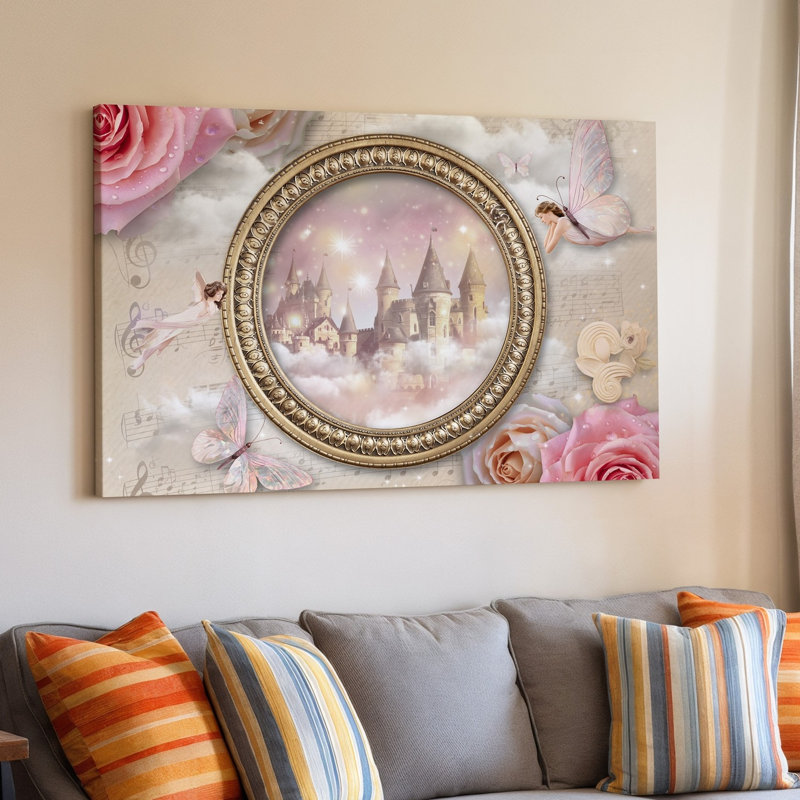 Toile, création d'une illustration numérique sur le thème du pastel fantaisiste inspirée d'un art mural féerique avec cadre doré