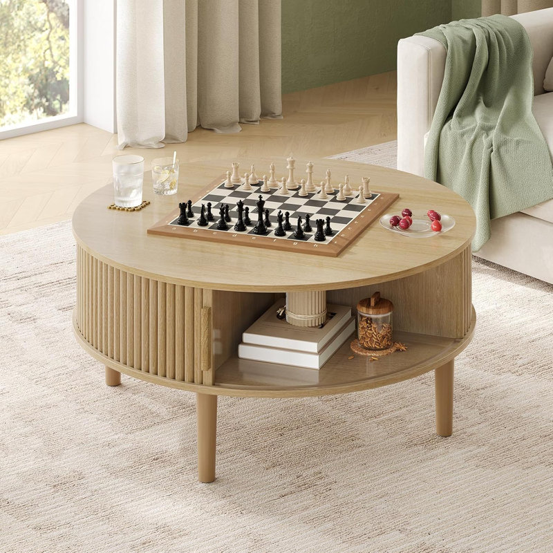 Round Lift Top Coffee Table, 31.5" Modern Coffee Table With 180° Curved Sliding Door, Hidden Storage And Open Shelves, Oak