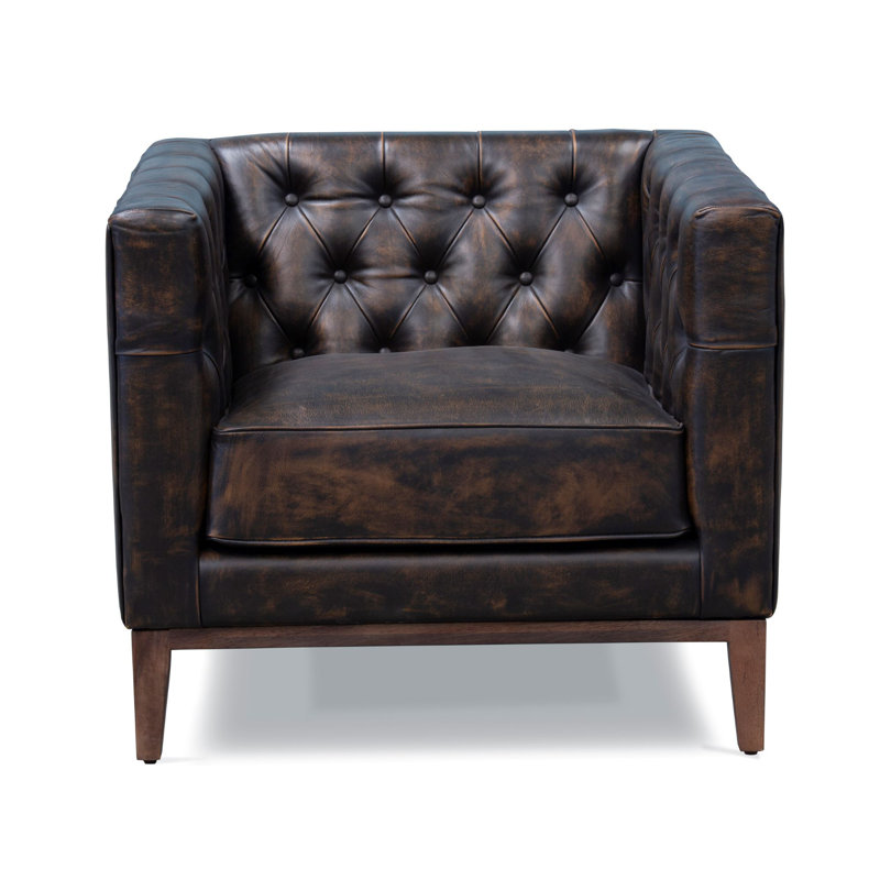 33" Brown Antiqued Top Grain Leather Tufted Club Chair