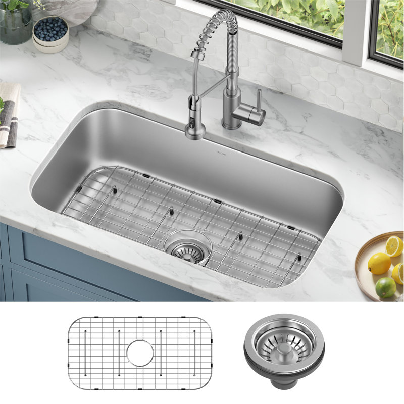 KRAUS Premier Undermount Single Bowl 18-Gauge Stainless Steel Kitchen Sink, 9" H x 32.88" W x 18" D