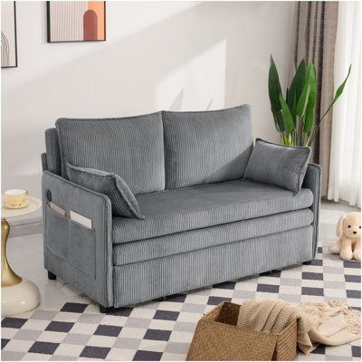Canapé-lit convertible de 55 po, lit escamotable, canapé 3 en 1 avec poche latérale et ports USB, canapé en velours côtelé moderne pour le salon, petit espace, appartement, chambre à coucher, gris