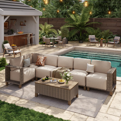 Canapé d'angle modulaire de 7 pièces pour terrasse avec coussins de 25 cm et résine tressée de première qualité