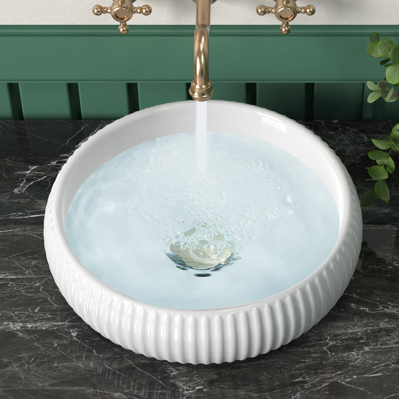 KES Round Bathroom Vessel Sink Ceramic White Bowl Sink Coutertop RV Bathroom Above Counter
