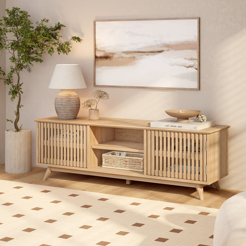 Solid wood Mid Century Modern TV Stand, 2 Door w/ Middle Shelf  (1495 x 406 x 482mm / 59 x 16 x 19in), Blonde