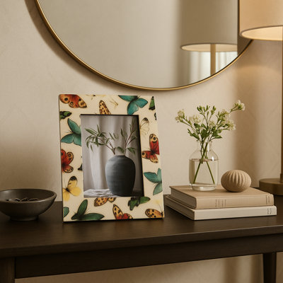 Stylish Rectangular Picture Frame with Butterfly Border - Decorative Photo Frame for Entryway or Shelf Display - Ivory & Blue