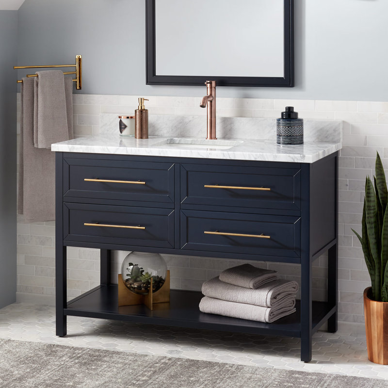 48" Robertson Single Bathroom Vanity Set with Rectangular Undermount Sink, Midnight Navy Blue, Single Hole, Carrara Marble