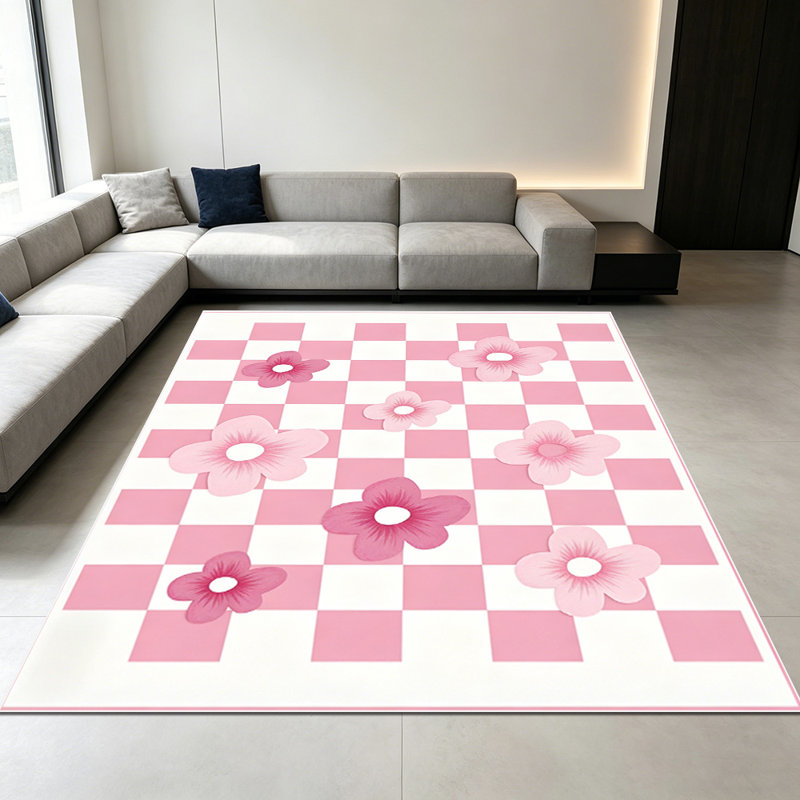 1PC Pink Checkerboard Floral area rugs for Living Room, Soft, All seasons, Easy-maintain, Washable Indoor mat, Farmhouse suitable for dining room, bedroom, kitchen, entryway, patio, Home Decor, Outdoor Decor.