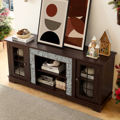Modern TV Stand with 2-Door Storage, Faux Stone Media Console Cabinet, Cherry Large Entertainment Center for Living Room