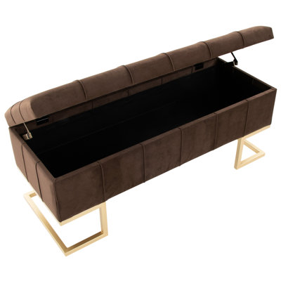 Stylish Contemporary Brown Velvet And Gold Steel Storage Bench, Button - Design, Metal Legs, Flip Top Lid, Comfortable For Two, Indoor Use, 500 Lbs Limit Contemporary, Steel, Velvet, Styling, Double