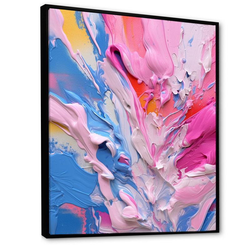 Rose, bleu, jaune, liquide, art V, H 44 po x l 34 po x P 1,5 po, Cadre flottant noir