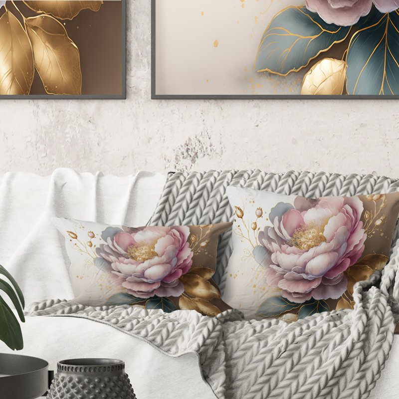 Coussin rose et doré Camellia II, H 12 po x l 20 po, Rectangulaire