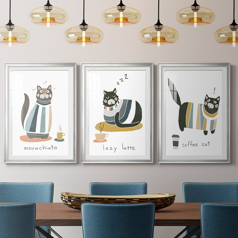 Coffee Cats I - Impression personnalisée de qualité supérieure avec passe-partout - 3 pièces, H 21 po x l 30 po