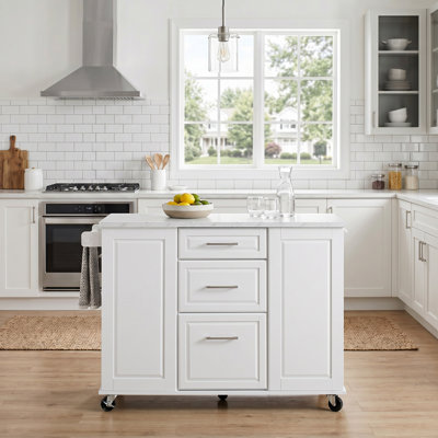 Kitchen Island Fits for Home with Drop Leaf Countertop, Hidden Trash Cabinet & Pull-Out Organizer