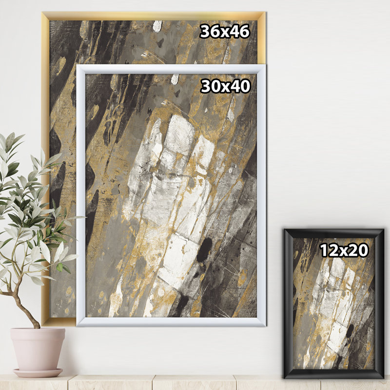 «Gold, Black and White Handpainted Abstract», reproduction sur toile encadrée, H 40 po x l 30 po x P 1,5 po, Cadre argenté