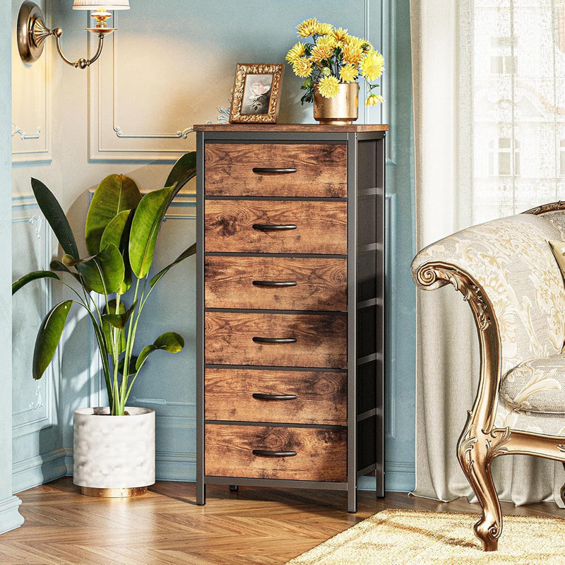 Grande commode pour chambre à coucher, commode 6 tiroirs et commodes, commode en tissu pour placard, chambre à coucher, table de chevet, table de bout avec structure en métal, tour de rangement avec bacs en tissu, brun rustique