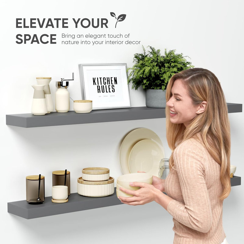 Floating Shelves For Wall, Premium Solid Wood Shelves With Heavy Duty Bracket, Set Of 2, Modern And Elegant Design For Home Decor