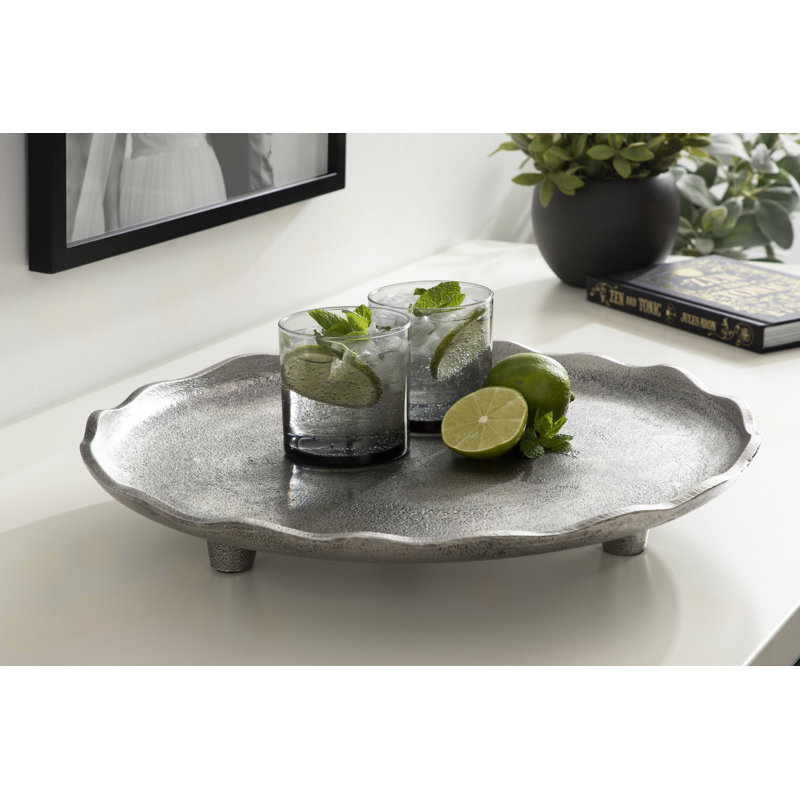 Scalloped Metal Footed Decorative Tray , Silver