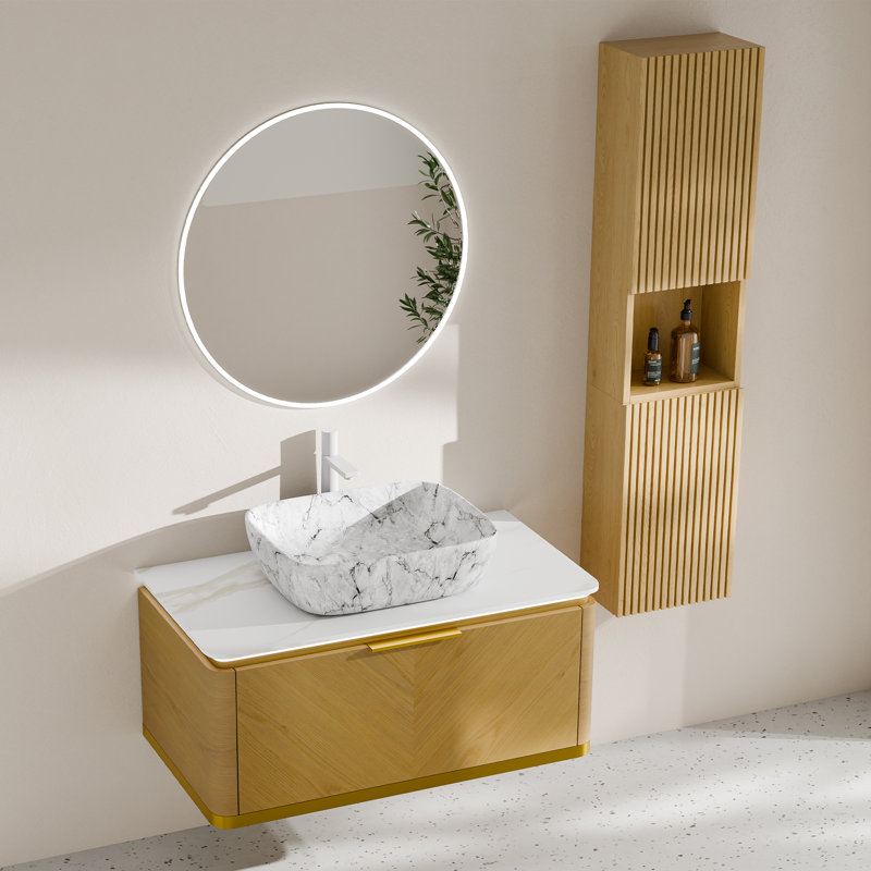 Absher 36'' Floating Oak Bathroom Vanity With Rectangular Marble Sink, Sensor LED & Drawer, Espresso Woodgrain