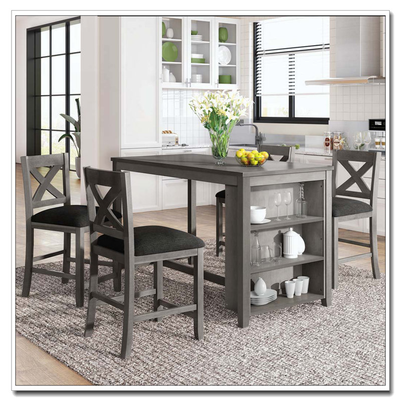 Ensemble de table de salle à manger à hauteur de comptoir en bois rustique avec chaises, Gris