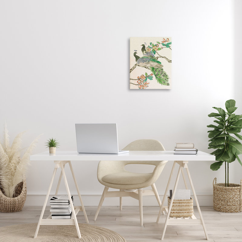 Paon perché sur une branche, art mural par Melissa Wang, H 20 po x l 16 po
