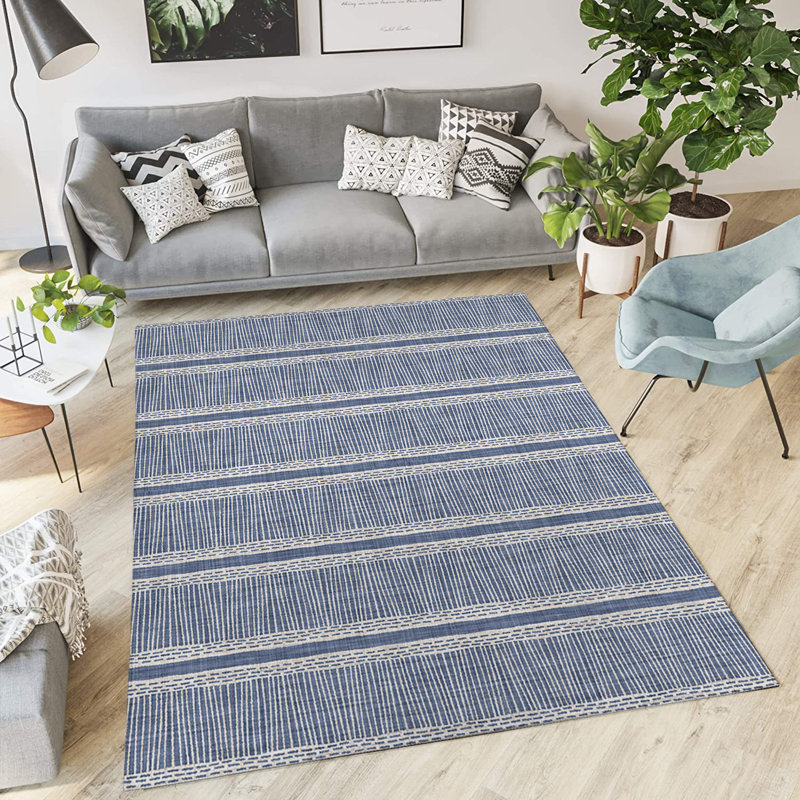 Tapis intérieur / extérieur en polyester tissé à la machine rectangle bleu / blanc, Rectangle 3 pi x 5 pi