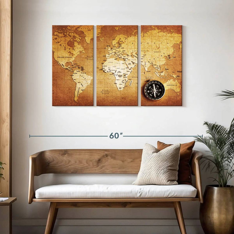 Aliaz Brass Compass Map, 28" H x 45" W