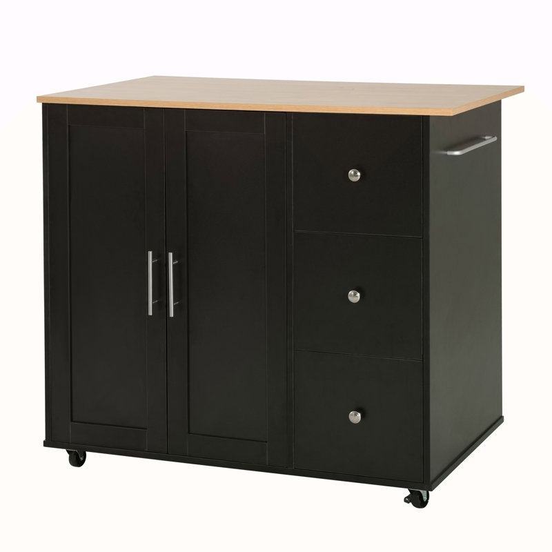 Mobile Kitchen Cart With Storage, 39.76'' Rolling Kitchen Island With 2 Doors, 3 Drawers & Adjustable Shelf, Black Utility Cart For Kitchen/Dining Room