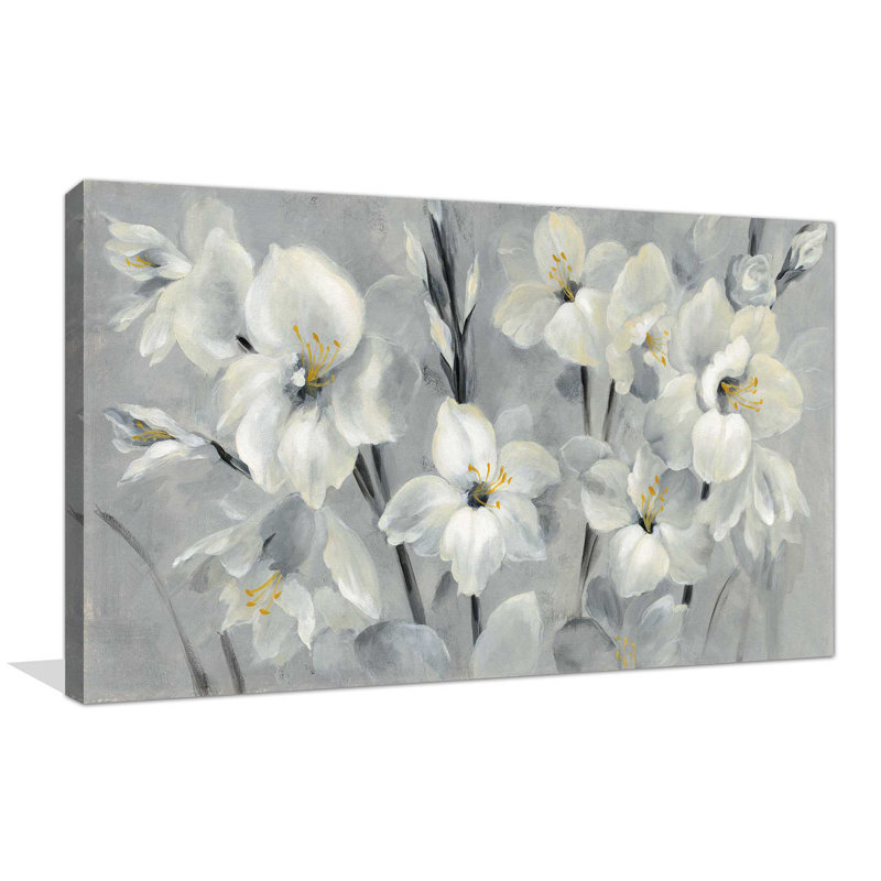 «Flowers on Grey», reproduction de peinture acrylique sur toile, H 36 po x l 60 po x P 1,5 po, Toile tendue