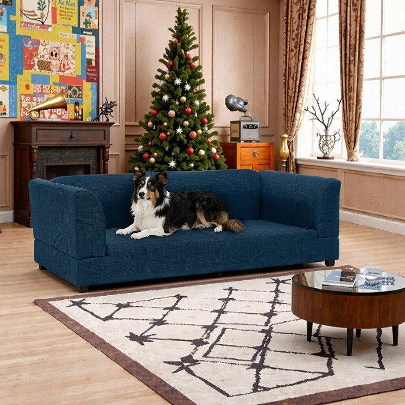 56.5" Rectangular Pet Sofa for Medium/Large Dogs, Wood Frame with Backrest & Armrests, Soft Cushion, Dark Blue