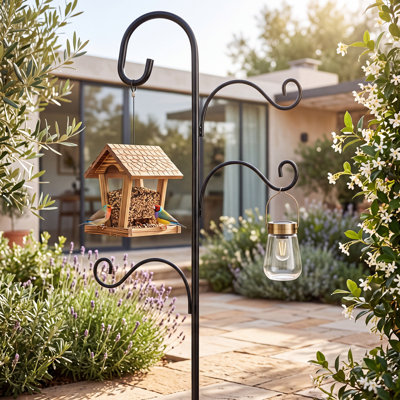 Crochets de berger multi-crochets de 274 cm (108 po) pour l'extérieur, support robuste pour mangeoire à oiseaux avec base à 5 branches, support de suspension en métal réglable pour jardin, mangeoires à oiseaux, paniers de fleurs, lanternes, carillons éoliens, noir