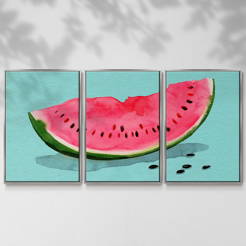 "Summer Watermelon II", peinture sur toile 3 pièces, H 36 po x l 75 po, Encadrement argenté
