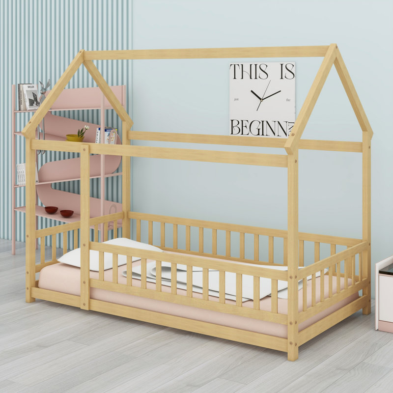 Lit en bois avec structure de toit et garde-corps de sécurité, Naturel