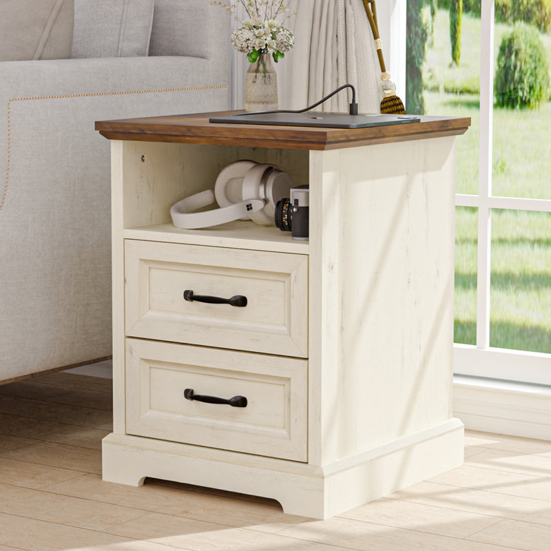 17.7'' W Farmhouse Nightstand With Built-in Outlets, 2 Drawers and Open Shelf, White/Brown