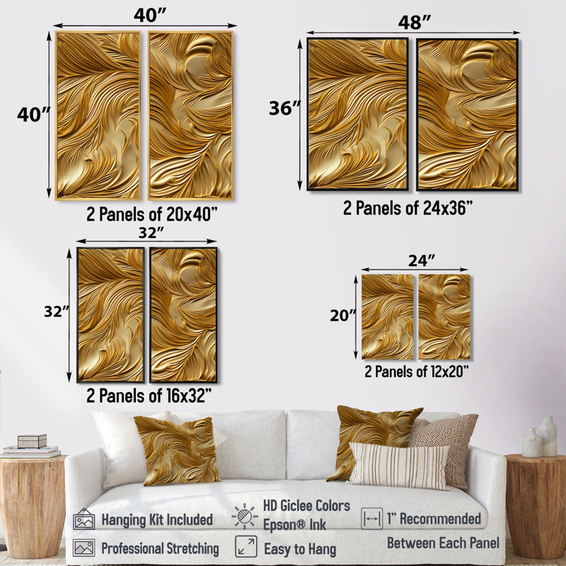 Golden Feathers Serenity IV - grandes plumes, impressions sur toile, H 36 po x l 48 po, Impression encadrée flottante, Doré